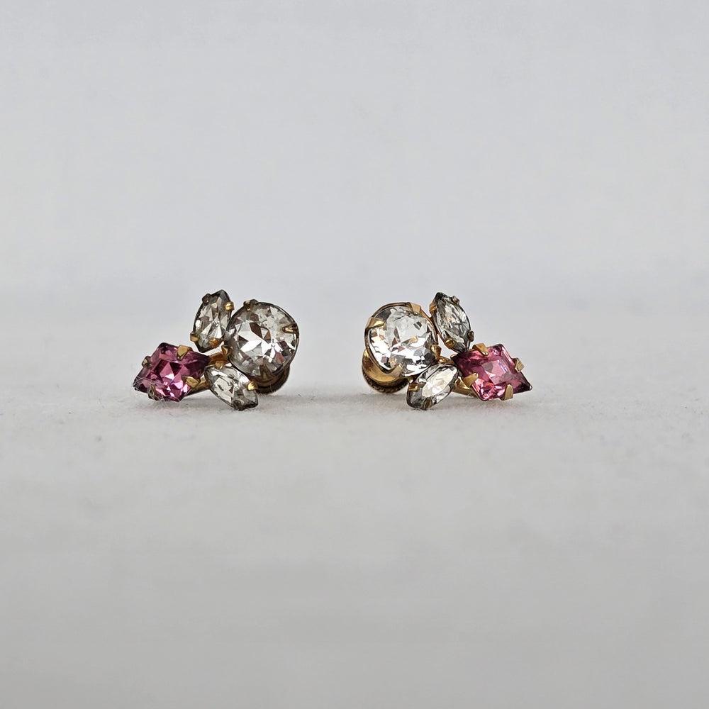 1/20th 12k Gold Coro Vintage Pink & Clear Rhinestone Gold Tone Screw Back Earrings