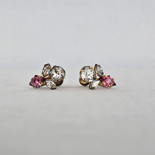 1/20th 12k Gold Coro Vintage Pink & Clear Rhinestone Gold Tone Screw Back Earrings