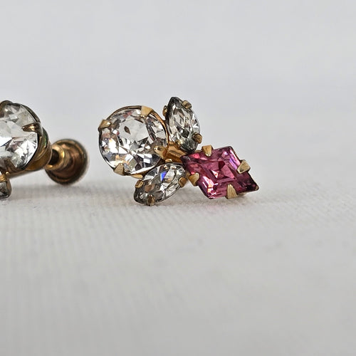 1/20th 12k Gold Coro Vintage Pink & Clear Rhinestone Gold Tone Screw Back Earrings