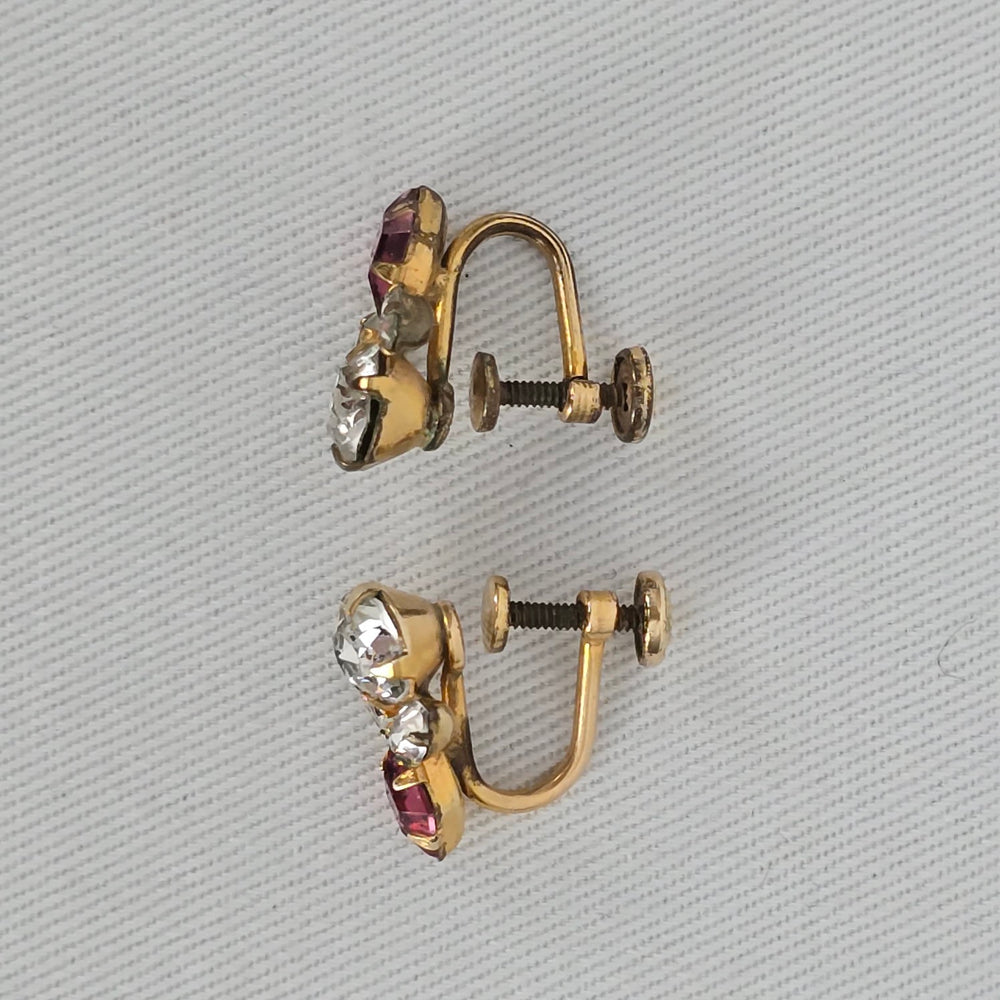 1/20th 12k Gold Coro Vintage Pink & Clear Rhinestone Gold Tone Screw Back Earrings