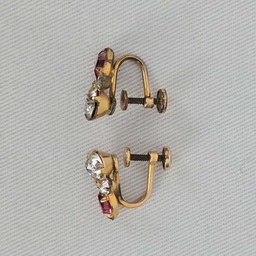 1/20th 12k Gold Coro Vintage Pink & Clear Rhinestone Gold Tone Screw Back Earrings