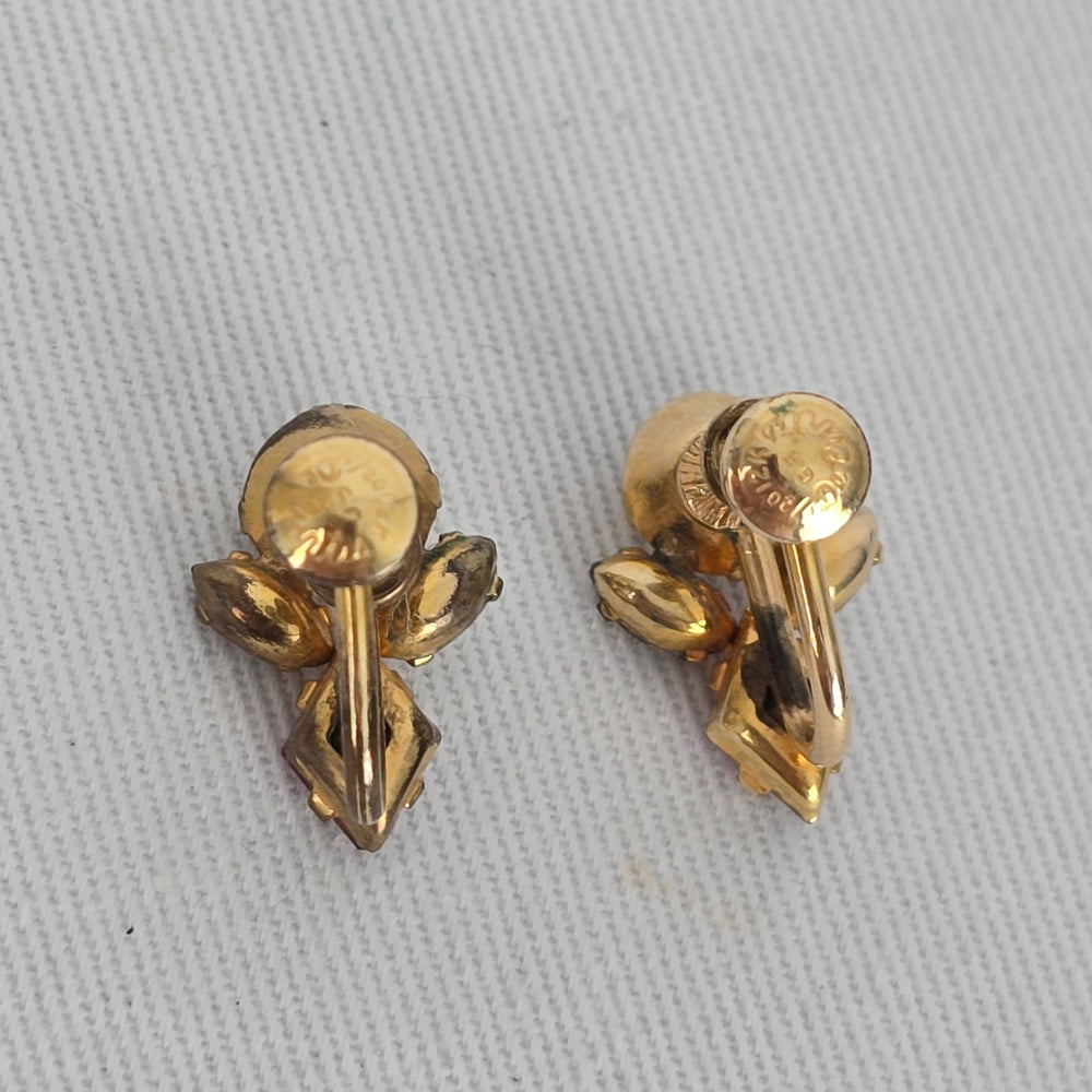 1/20th 12k Gold Coro Vintage Pink & Clear Rhinestone Gold Tone Screw Back Earrings