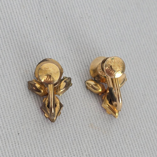 1/20th 12k Gold Coro Vintage Pink & Clear Rhinestone Gold Tone Screw Back Earrings