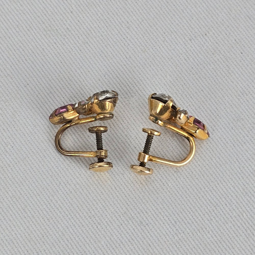 1/20th 12k Gold Coro Vintage Pink & Clear Rhinestone Gold Tone Screw Back Earrings