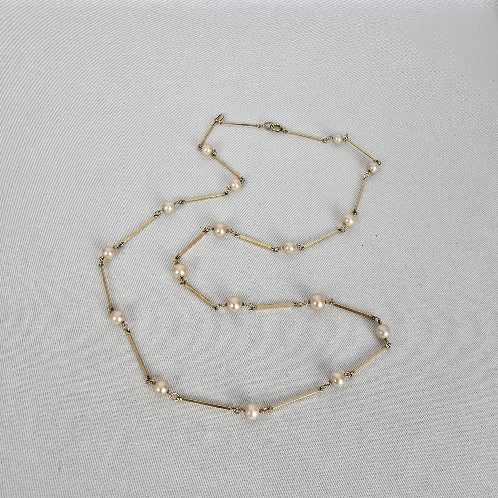 Vintage Amerik FBM Gold-Tone Faux Pearl Station Necklace, Germany