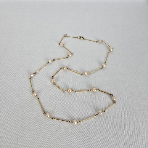 Vintage Amerik FBM Gold-Tone Faux Pearl Station Necklace, Germany