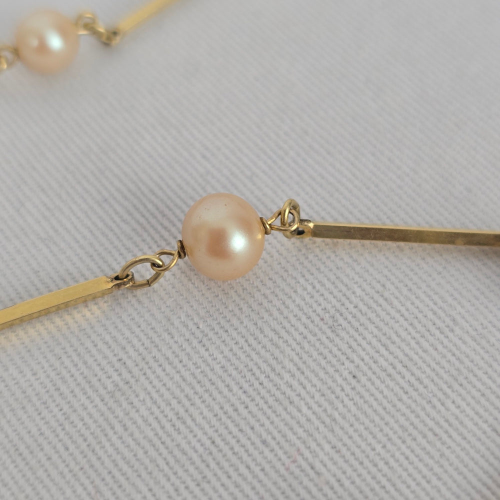 Vintage Amerik FBM Gold-Tone Faux Pearl Station Necklace, Germany