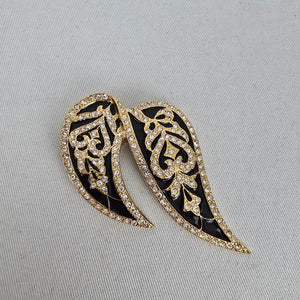 Vintage Butler Gold Tone Black Enamel Clear Rhinestone Wing Leaf Brooch Pin