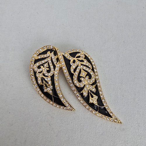 Vintage Butler Gold Tone Black Enamel Clear Rhinestone Wing Leaf Brooch Pin