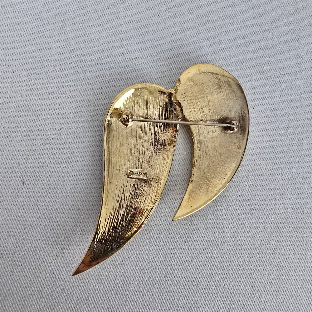 Vintage Butler Gold Tone Black Enamel Clear Rhinestone Wing Leaf Brooch Pin
