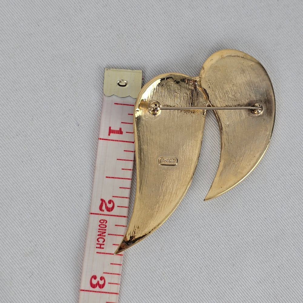 Vintage Butler Gold Tone Black Enamel Clear Rhinestone Wing Leaf Brooch Pin