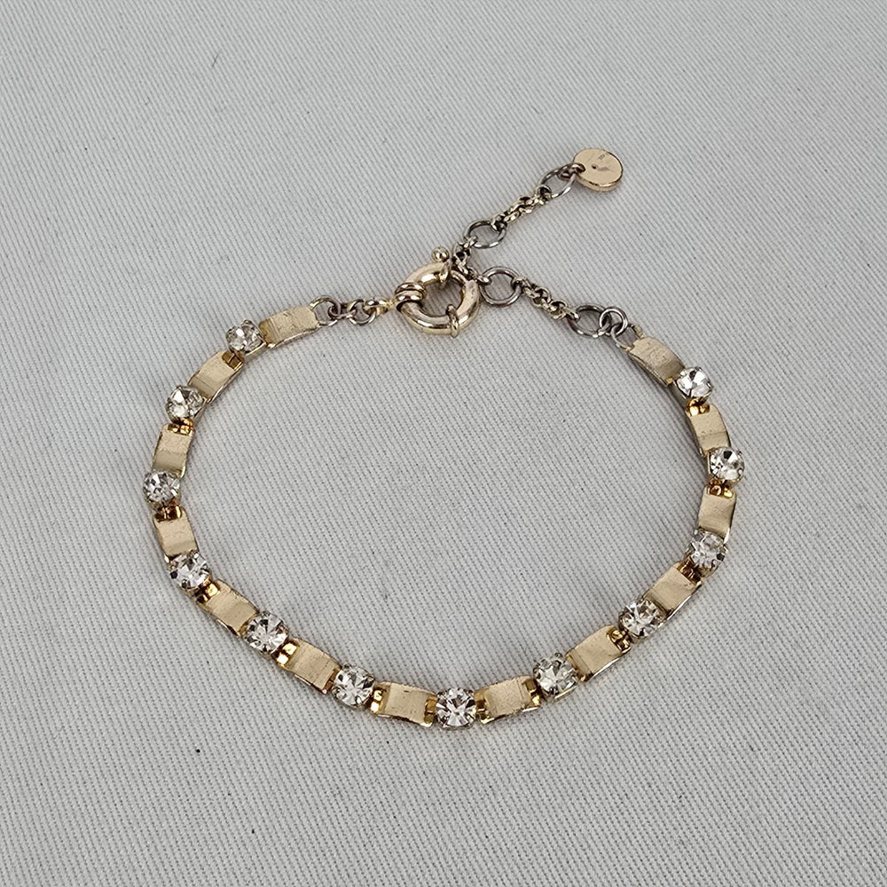 SN Vintage Gold Tone Clear Rhinestone Tennis Link Bracelet Adjustable
