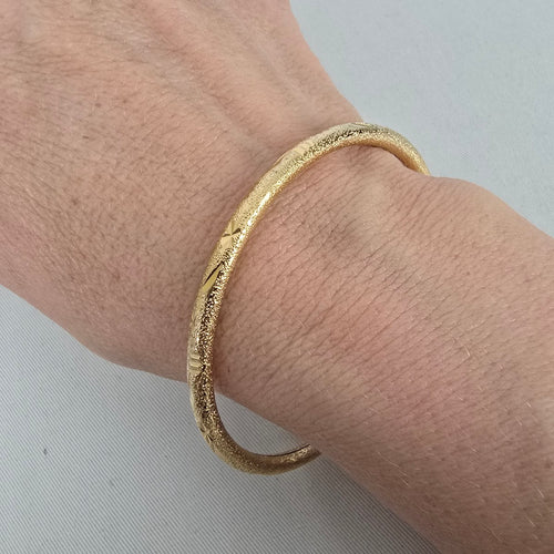Gold Tone Textured Etched Hinged Bangle Bracelet