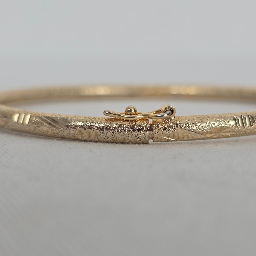 Gold Tone Textured Etched Hinged Bangle Bracelet