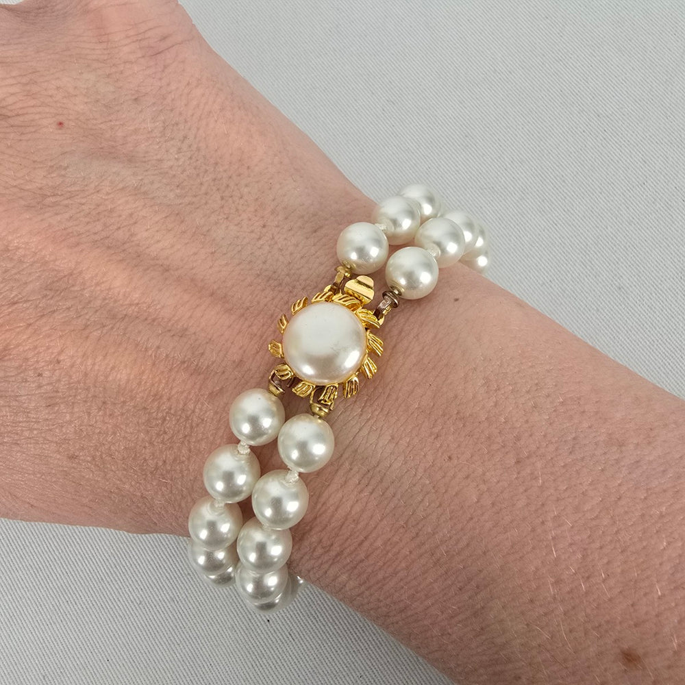 Vintage Double Strand Faux Pearl Bracelet Gold Tone Box Clasp