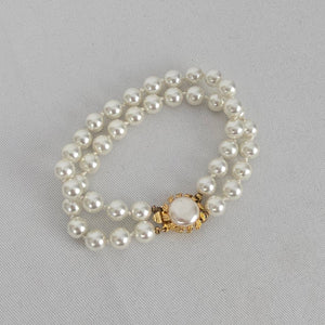Vintage Double Strand Faux Pearl Bracelet Gold Tone Box Clasp