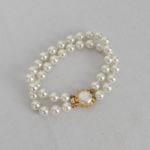 Vintage Double Strand Faux Pearl Bracelet Gold Tone Box Clasp