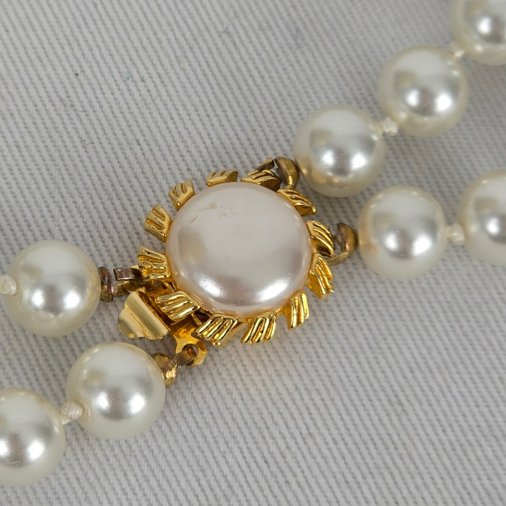 Vintage Double Strand Faux Pearl Bracelet Gold Tone Box Clasp