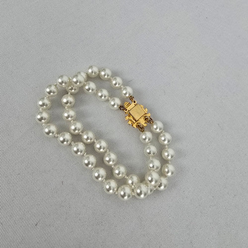 Vintage Double Strand Faux Pearl Bracelet Gold Tone Box Clasp