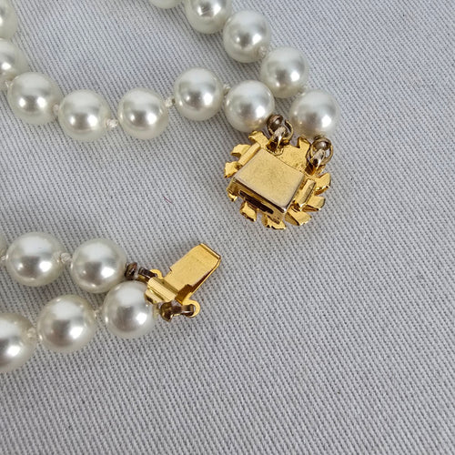 Vintage Double Strand Faux Pearl Bracelet Gold Tone Box Clasp
