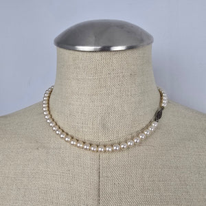 Vintage Hand Knotted Glass Pearl Single Strand Beaded Necklace Sterling Tone Clasp