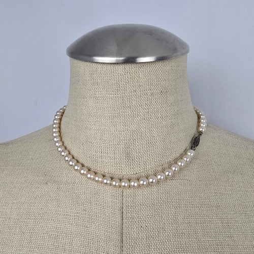 Vintage Hand Knotted Glass Pearl Single Strand Beaded Necklace Sterling Tone Clasp