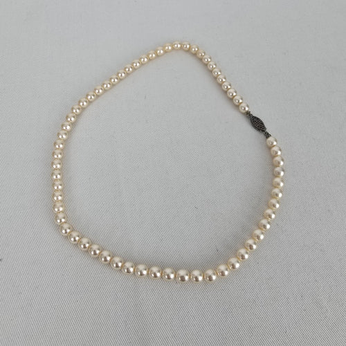 Vintage Hand Knotted Glass Pearl Single Strand Beaded Necklace Sterling Tone Clasp