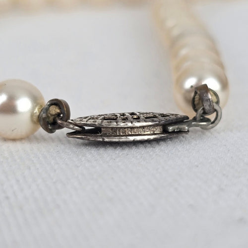 Vintage Hand Knotted Glass Pearl Single Strand Beaded Necklace Sterling Tone Clasp