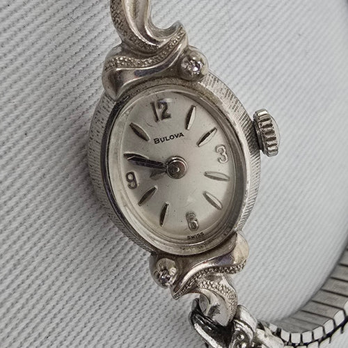 Bulova Vintage Ladies Cocktail Watch Silver Tone 10K Rolled Gold Plate Speidel Band