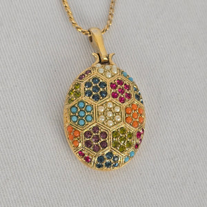 Vintage D'Orlan Buried Treasure Locket Necklace 22kt Gold Plated, Multicolor Swarovski Crystals