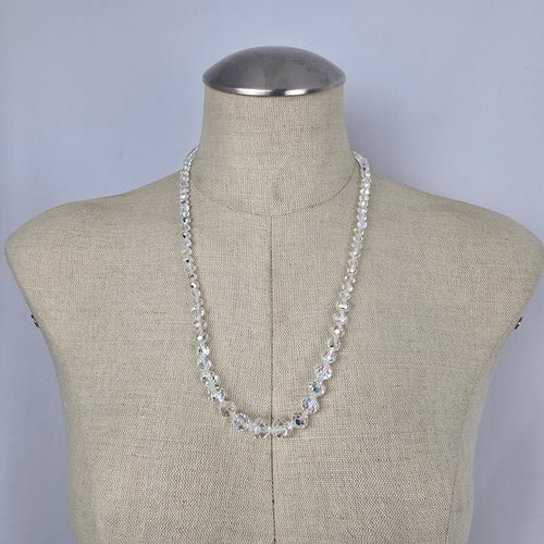 Vintage Clear Aurora Borealis Crystal Bead Necklace Sterling Silver Clasp