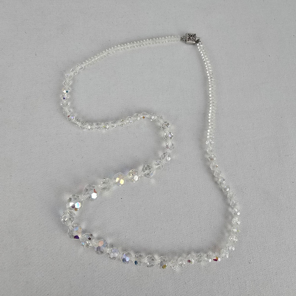 Vintage Clear Aurora Borealis Crystal Bead Necklace Sterling Silver Clasp
