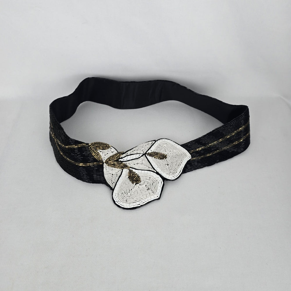 Vintage Black White Beaded Cali Lilly Floral Belt Size S/M