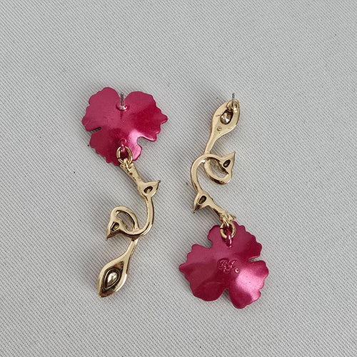 Betsey Johnson Pink Floral Mismatch Drop Earrings Gold Tone Rhinestone