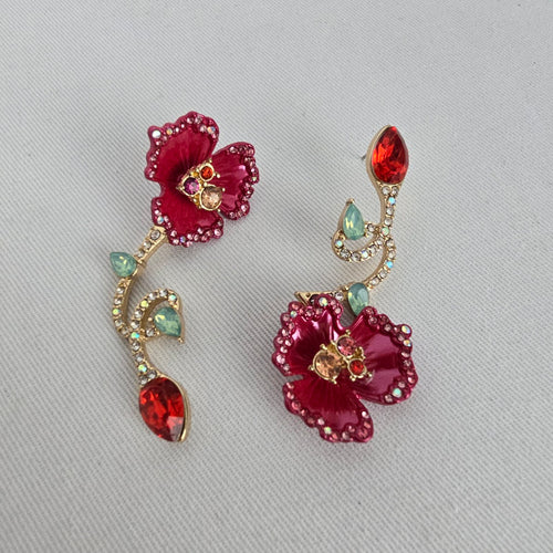 Betsey Johnson Pink Floral Mismatch Drop Earrings Gold Tone Rhinestone