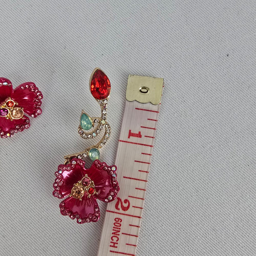 Betsey Johnson Pink Floral Mismatch Drop Earrings Gold Tone Rhinestone