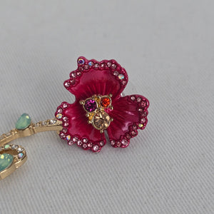 Betsey Johnson Pink Floral Mismatch Drop Earrings Gold Tone Rhinestone