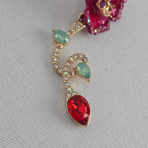 Betsey Johnson Pink Floral Mismatch Drop Earrings Gold Tone Rhinestone