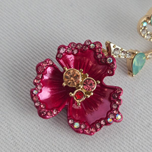 Betsey Johnson Pink Floral Mismatch Drop Earrings Gold Tone Rhinestone