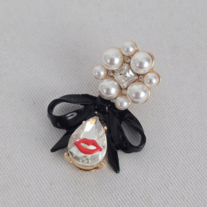Betsey Johnson Pearl Bow Crystal Lips Drop Earrings Black Gold Tone