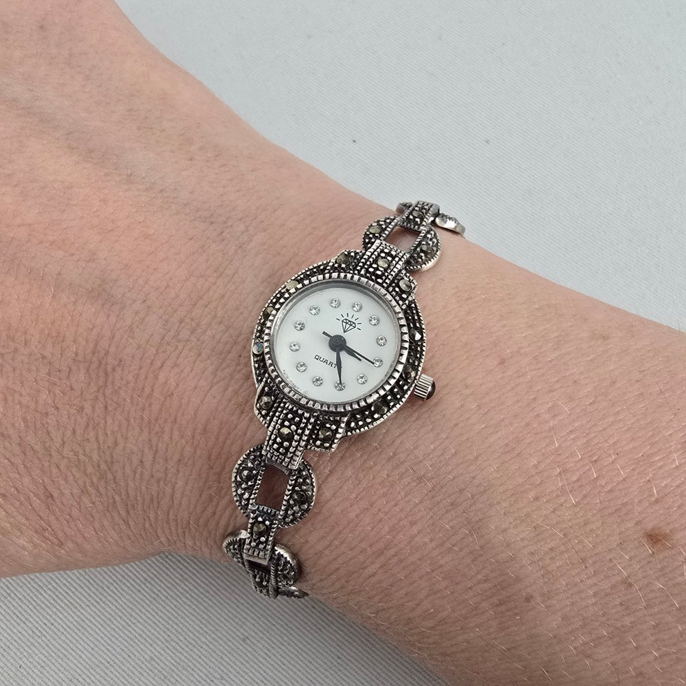 Vintage 925 Sterling Silver Marcasite Quartz Watch