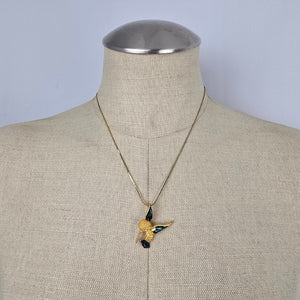 Vintage Gold Tone Hummingbird Pendant Necklace Green Blue Enamel Bird