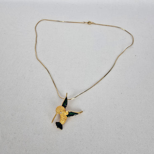 Vintage Gold Tone Hummingbird Pendant Necklace Green Blue Enamel Bird