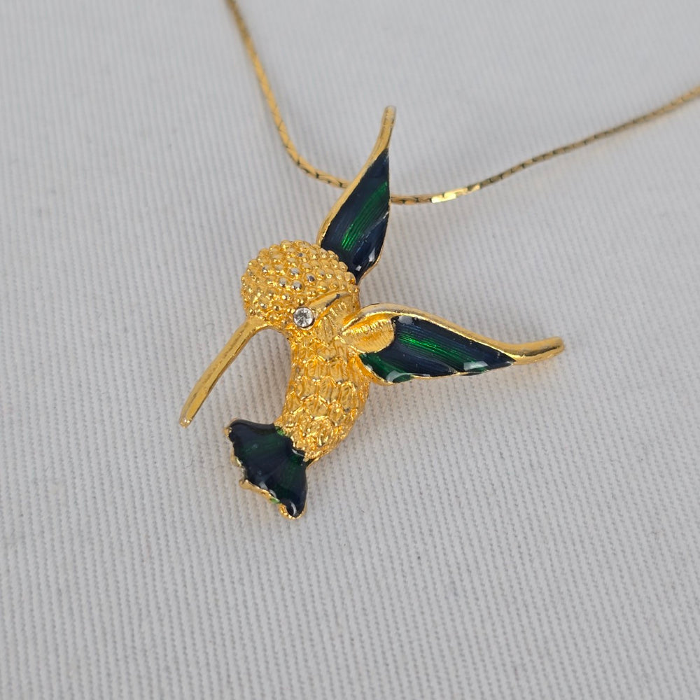 Vintage Gold Tone Hummingbird Pendant Necklace Green Blue Enamel Bird