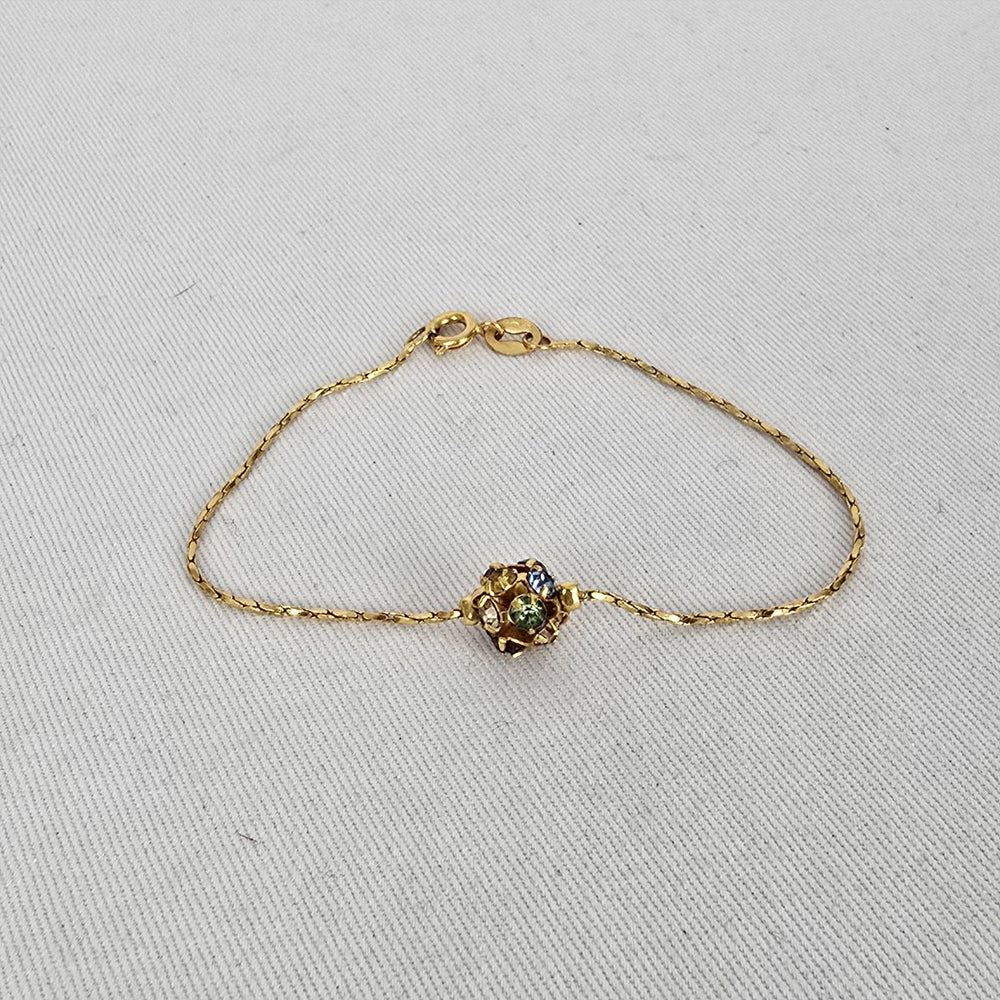 Vintage Gold Tone Multicolor Rhinestone Ball Station Bracelet