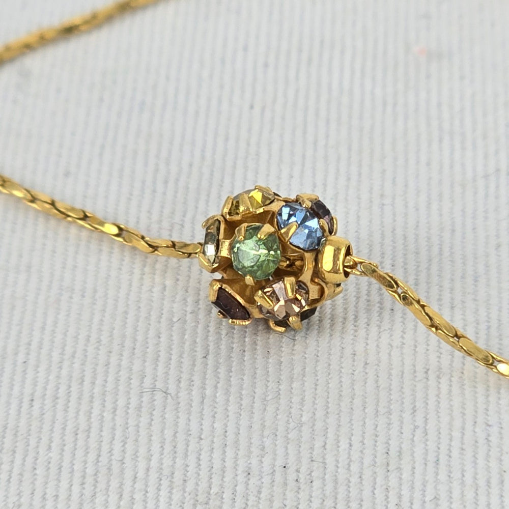 Vintage Gold Tone Multicolor Rhinestone Ball Station Bracelet
