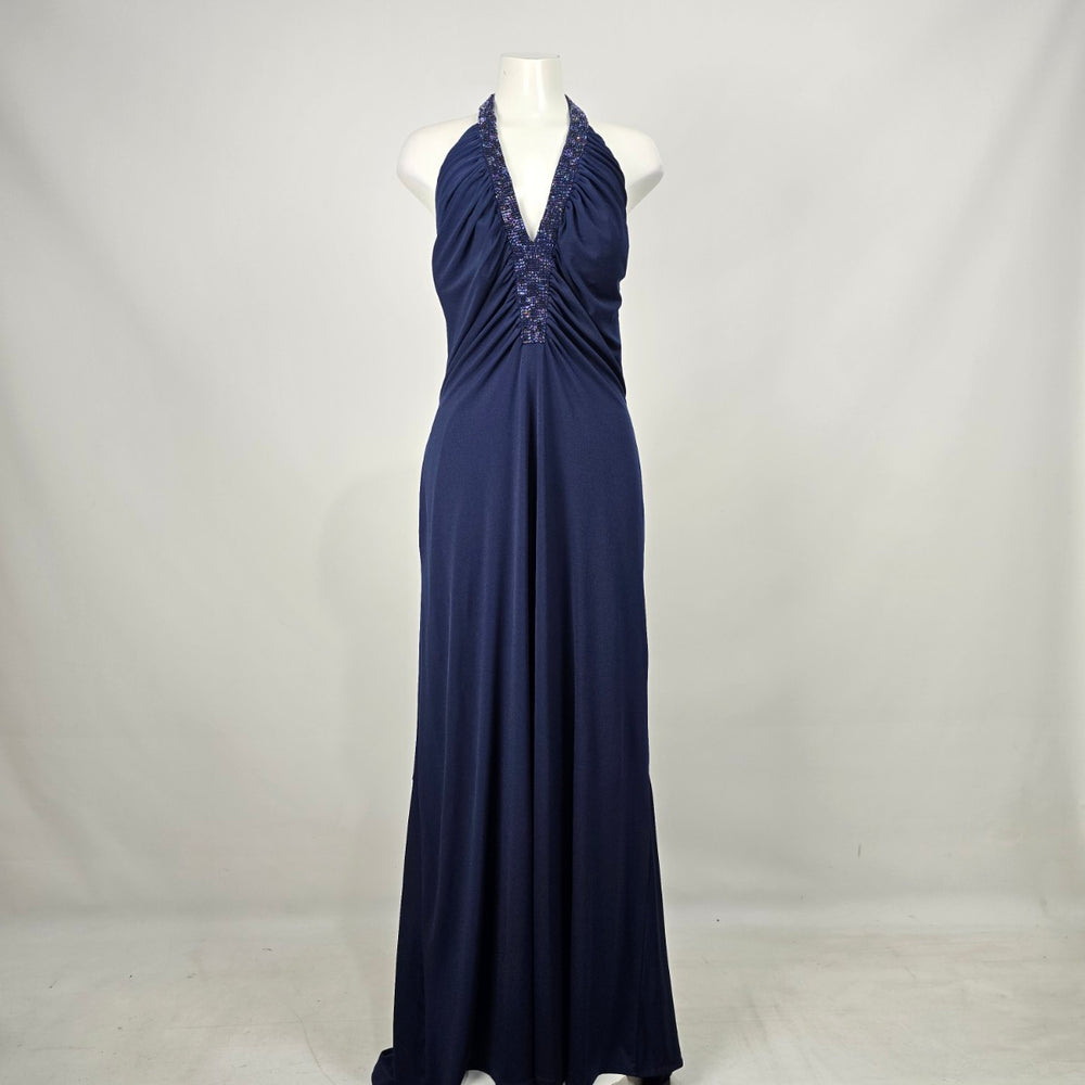 Jessica Navy Beaded Halter Evening Gown Maxi Dress Size 16