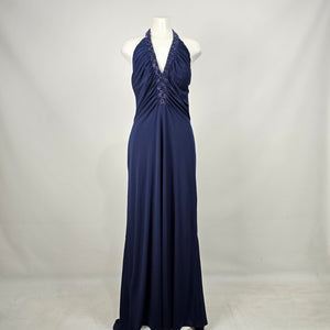 Jessica Navy Beaded Halter Evening Gown Maxi Dress Size 16