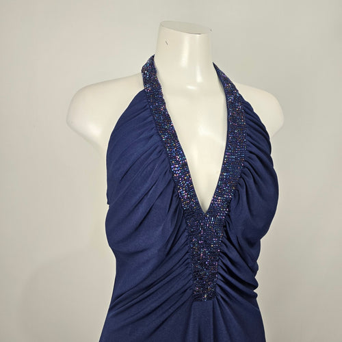 Jessica Navy Beaded Halter Evening Gown Maxi Dress Size 16