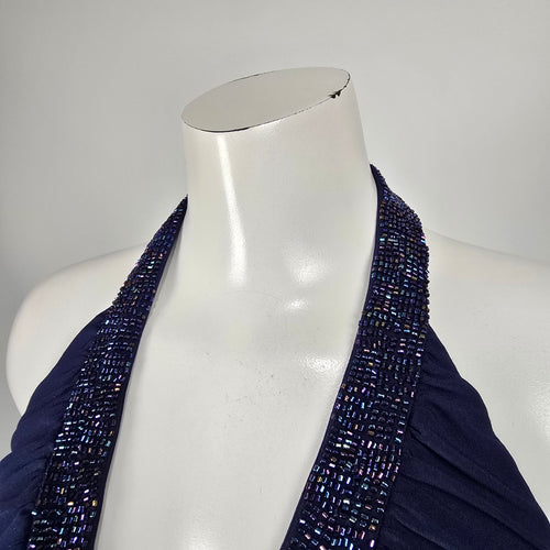 Jessica Navy Beaded Halter Evening Gown Maxi Dress Size 16